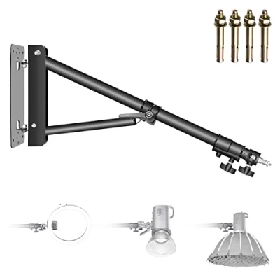 Immagine di NEEWER Braccio Triangolare Montaggio a Parete per Luce Anulare, Monoluce, Softbox, Riflettore, Ombrello e Stroboscopica Fotografica, 180 Gradi Rotazione Supporto, Lunghezza Massima 130cm(Nero)