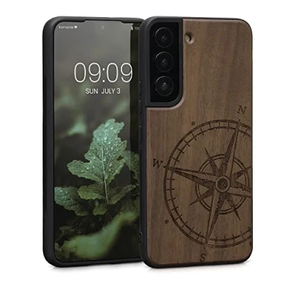 Immagine di kwmobile Custodia Compatibile con Samsung Galaxy S22 Cover Back Case in Legno Bumper Silicone TPU Bussola vintage marrone scuro