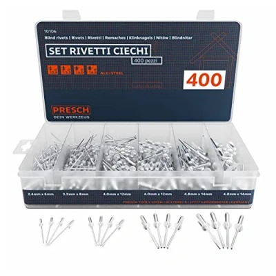 Immagine di Presch Set rivetti ciechi 400 pezzi. Assortimento completo di in alluminio/acciaio nelle dimensioni 2,4 mm, 3,2 4,0 mm e 4,8 alta qualità