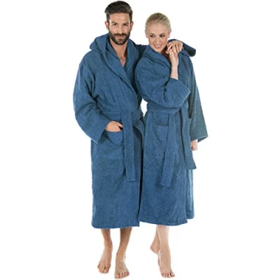 Immagine di CelinaTex Montana Accappatoio Cappuccio A Tinta Unita Lungo Tasche Applicate Cuciture Decorative Donna Uomo Unisex Puro Cotone L blu