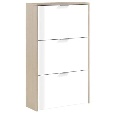 Immagine di Habitdesign scarpiera 3 ante, stretta, rifinita in bianco lucido e rovere canadese, misure: 60 cm (larghezza) x 113 (altezza) 22 (profondità)