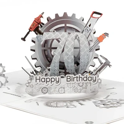 Immagine di LIMAH® Biglietto di compleanno 3D Pop Up per 70 compleanno/anniversario uomo, nonno, papà, adatto buoni, regalo o denaro, motivo: Happy Birthday con ingranaggi e attrezzi