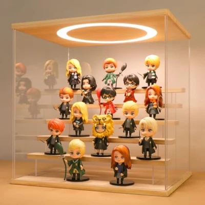 Immagine di Vetrina in Acrilico Trasparente con LED e Interruttore, Teca Plexiglass Contenitori Scatola per Collezionismo, Modellismo, Minifigure, Statuette (Legno, 6 Livelli, 30x22,5x28 cm)