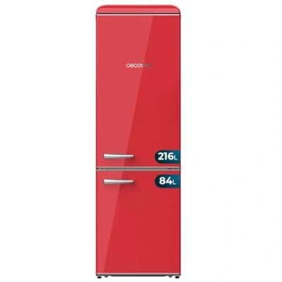 Immagine di Cecotec Frigorifero Combinato Retro da 300L Bolero CoolMarket Combi Origin 300 Red E, Classe LED interno, Crisper Box, controllo della temperatura, maniglia cromata e ripiani in vetro.
