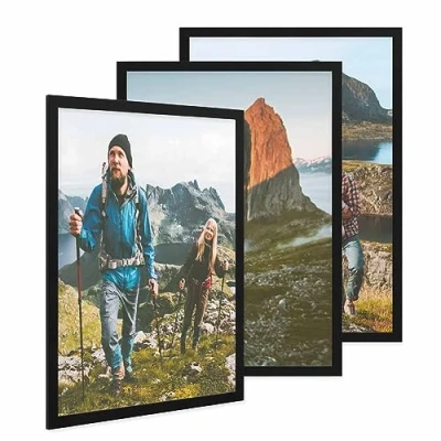 Immagine di PHOTOLINI cornici 50x70 cm nero legno MDF, set di 3 larghe, moderne, plexiglass infrangibile, da parete, accessori extra per una parete dal look raffinato