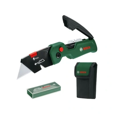 Immagine di Bosch Set Coltello Ripiegabile Premium, Compatto, Acciaio Inossidabile, Apertura Comandabile con Una Mano, Rapida Sostituzione della Lama, Gancio da Cintura, 13 Lame, Sacca
