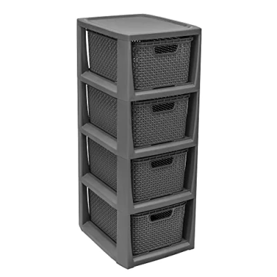 Immagine di BranQ Home essential 100% plastica riciclata, PP, ecologico, scaffale in rattan, antracite, 29,5 x 24 64,2 cm, 4 cestini