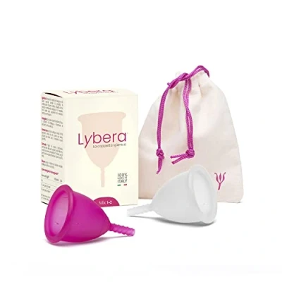 Immagine di Lybera Kit 2 Coppette Mestruali Made in Italy, Coppetta Mestruale Morbida, Sicura, Silicone Medicale, Ecologica, Comoda, Taglia 1 e 2, Pezzi, Trasparente Fucsia