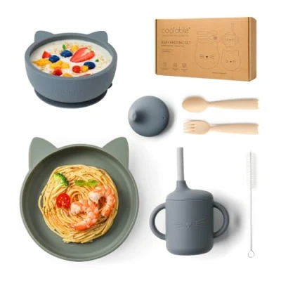 Immagine di COOLABLE Set pappa Svezzamento Bambino,Set di 7 Piatti per Bambini senza BPA,Include piatto e ciotola con ventosa, bicchiere, coperchio, forchetta cucchiaio, spazzola cannuccia Blu Ardesia