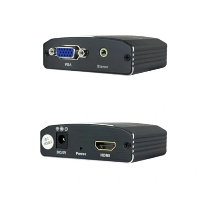 Immagine di Convertitore SVGA con audio a HDMI di colore nero, alimentazione. Ideale per collegare dispositivi uscita VGA e schermi ingresso HDMI.