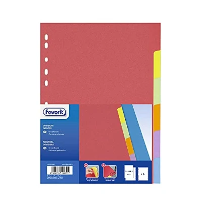 Immagine di Favorit 100204883 Divisori a Foratura Universale per Raccoglitori ad Anelli con 6 Tacche Neutre Colorate Personalizzabili, Formato Interno A4, in Cartoncino da 225 g/m²