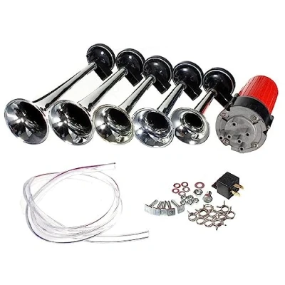 Immagine di ePathChina Dixie, kit di 5 clacson musicali da 12 V, 125 dB, potenti trombe super forti con compressore per qualsiasi veicolo auto, camion, barche (argento)