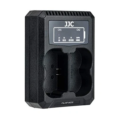 Immagine di JJC Caricabatteria USB doppio per fotocamera Fujifilm X S20, H2, H2S, T5, T4, GFX50SII, GFX100S, GFX100SII, GFX100II Mirrorless compatibile con Fuji NP W235 agli ioni di litio