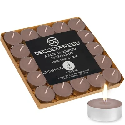 Immagine di DECO EXPRESS Candele Tealight 24, 25, 50, 100, 200 Pezzi, Lunga Durata 4/8/10 Ore Vari Colori (Rotolo alla cannella 25/4 ore)