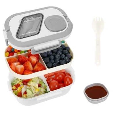 Immagine di Kasanni lunch box con scomparti, box, contenitore per pranzo e insalata, bento cucchiaio, snack pranzo, adulti bambini, senza BPA (Bianco)