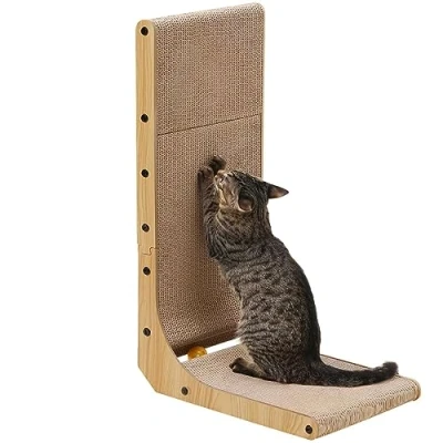 Immagine di FUKUMARU Tiragraffi per Gatti, Gatti a Forma di L Alto 68 cm, Verticale con Palla Giocattolo, Tappetini in Cartone Alta Qualità Pareti e Angoli.