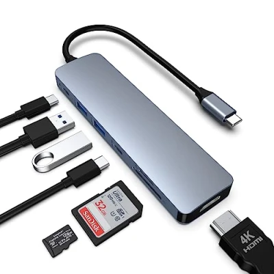 Immagine di AYCLIF USB C Hub 7 in 1 Adapter, Multiport Hub, Docking Station for Macbook Pro/Air, HP, Dell, Surface Dual Display, 4K HDMI, 100W PD, A 3.0, SD/TF (Grey)