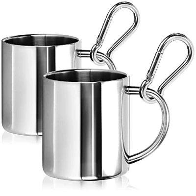 Immagine di com four® 2X Tazze da caffè in Acciaio Inossidabile Termiche per Bere di Alta qualità isolanti a Doppia Parete (Argento 260ml 2 Pezzi moschettone)