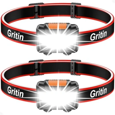 Immagine di Gritin Lampada Frontale, [2 Pezzi] Super Luminosa Torcia Frontale LED con 3 Modalità di Illuminazione, IPX5 Impermeabile e Leggero da Testa per Campeggio, Corsa, Pesca (6 Batterie Incluse)