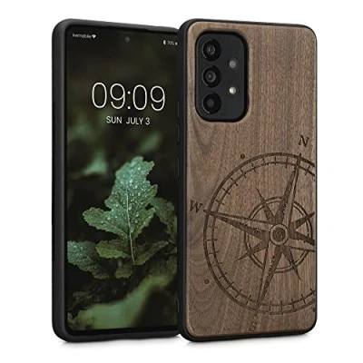 Immagine di kwmobile Custodia Compatibile con Samsung Galaxy A53 5G Cover Back Case in Legno Bumper Silicone TPU Bussola Vintage Marrone Scuro