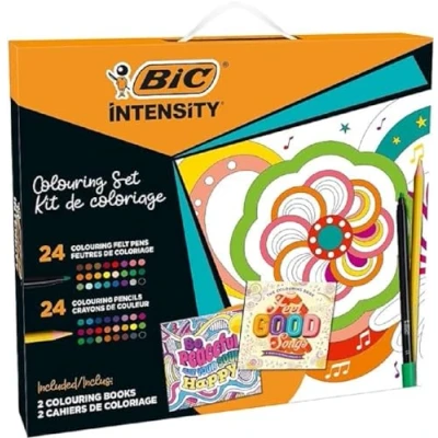 Immagine di BIC Intensity Set Cancelleria Colore, 24 Pennarelli Colorati Intensity,24 Matite Colorate Intensity, 2 Libri da Colorare, 50 Unità, Kit Creatività