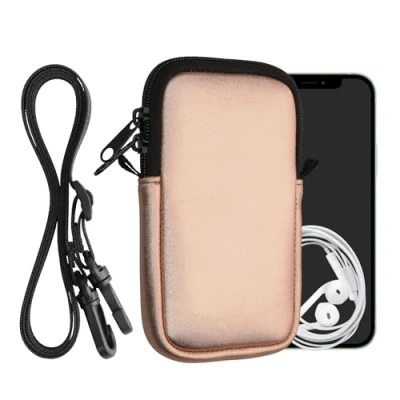 Immagine di kwmobile Custodia in Neoprene con Zip per Smartphone Portacellulare a Tracolla Porta Cellulare da Collo Universale Borsa Cover Telefono oro rosa metallizzato