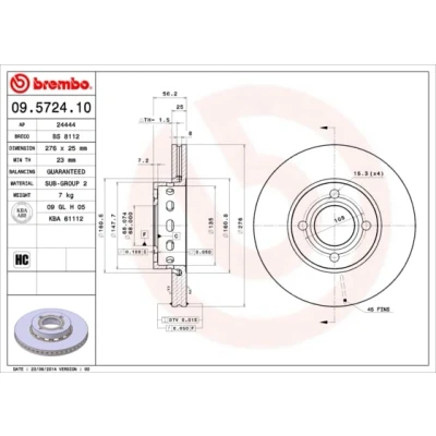 Immagine di BREMBO 09.5724.10 Disco freno 276 25 4 ventilazione interna AUDI: Coupe B3, Cabriolet B4, 80 B4 Avant