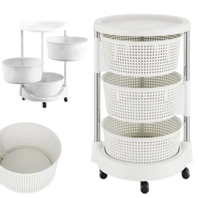 Immagine di BAKAJI Carrello da Cucina portafrutta con cestelli apribili, Carrellino Portaoggetti Salvaspazio 4 Ruote Girevoli, Struttura Acciaio e Cesti in plastica, Ideale Cucina, Bagno, (3 Ripiani)