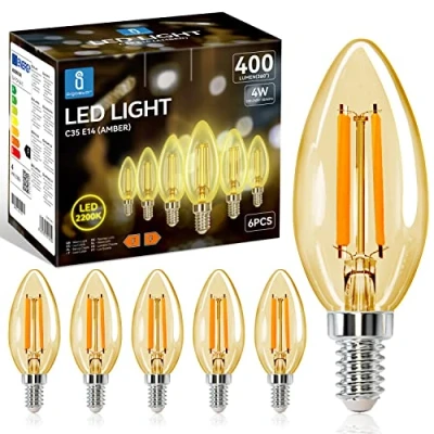 Immagine di Aigostar Lampadina Stile Vintage Filamento LED E14, C35 4W (Equivalenti a 35W), 400 Lumen, Bianco Caldo 2200K, CRI＞80, Ambra Lampadine LED, Pacco da 6