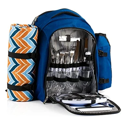 Immagine di CampFeuer Zaino da picnic 32 pezzi set per 4 persone con supporto bottiglie, coperta picnic, scomparto termico e stoviglie campeggio (Blu)