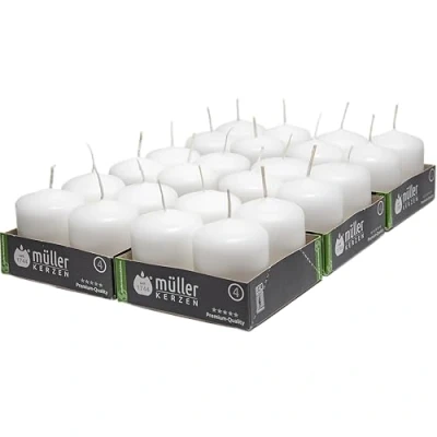 Immagine di Müller Candele Decorative Set di 24 Bianche 48 x 62 mm Durata 10 Ore Cero Antigoccia Moccolo Non Profumato Qualità RAL