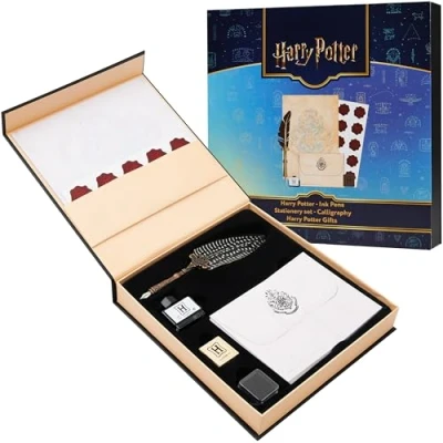 Immagine di Harry Potter Penna Piuma con Calamaio, Set Carta da Lettere e Buste, Sigillo Hogwarts Timbro, Gadget Originali
