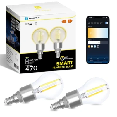 Immagine di Aigostar Lampadine Alexa, Led E14 Vintage, G45 Transparente Filamento a Globo, 4.5W, 470LM, Bianco Caldo Dimmerabile 2700K 6500K, Compatibile con Alexa e Google Home, 2 Unità