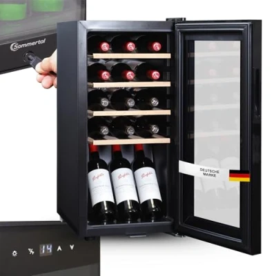 Immagine di Sommertal WK 50 Frigorifero per vino 15 bottiglie, regolabile 5 20 C, con serratura, illuminazione a LED, porta in vetro, touch screen, 4 ripiani legno, silenziosa e risparmio energetico