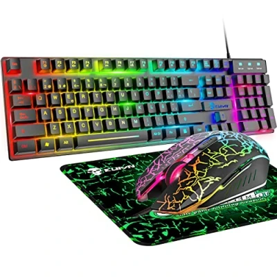 Immagine di LexonElec Set di tastiera e mouse da gioco RGB retroilluminato USB con ottico a 6 tasti colori arcobaleno, + cuscinetti per