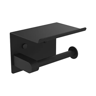 Immagine di Ibergrif Portarotolo di carta igienica cromato con ripiano, montaggio a parete o autoadesivo, per bagno cucina, in acciaio inox, nero, MK34053B