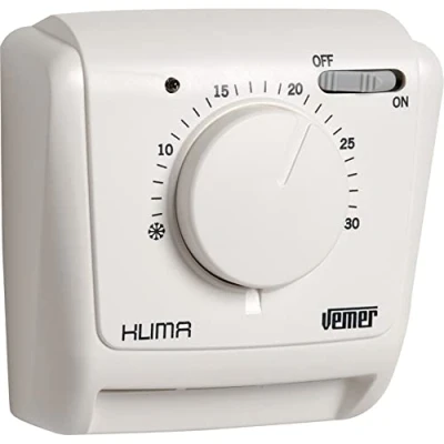 Immagine di VEMER VE021200 KLIMA SI Termostato Meccanico a Espansione di Gas per Caldaia/Condizionatore, Funzione Riscaldamento/Condizionamento, Interruttore ON/OFF e Spia Funzionamento, Bianco