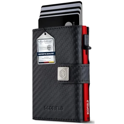 Immagine di SF SCOFIELD Trinity Wallet I Pop Up Custodia per carte di credito da uomo con portamonete 10 a 12 credito, protezione RFID, Carbonio rosso fuoco, S Münzfach