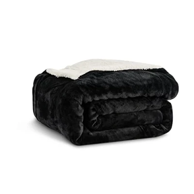 Immagine di Kono Coperta in pile sherpa, 150 x 200 cm, morbida, reversibile, microfibra, tinta unita, per letto, divano, divano (nero, doppio/matrimoniale)