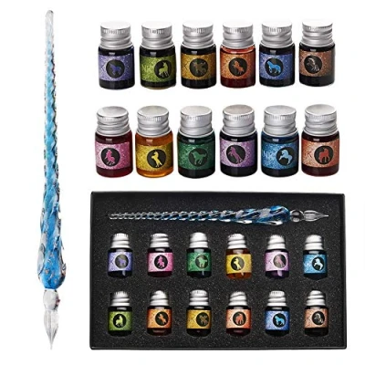 Immagine di mancola Ma 13 Set di penne con inchiostro in vetro, fatte a mano, 12 inchiostri colorati, per arte, firme, calligrafia, disegno, decorazione, regalo principianti e artisti