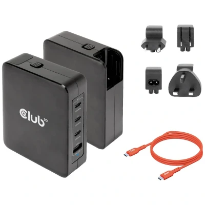 Immagine di club3D CAC 1917 Alimentatore per notebook 140 W Ambiente interno Num. uscite: 1 x, 3 x USB A, C® GaN, Power Delivery (USB PD)