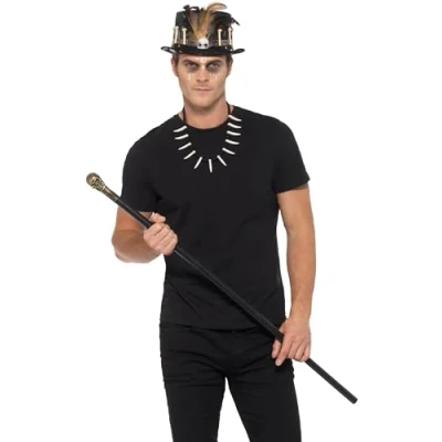 Immagine di Smiffys Kit Voodoo, con cappello in piuma, Nero, Collana di canna e ossa del cranio staccabili