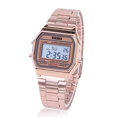 Immagine di Orologio da Polso Rettangolare Digitale Retroilluminato a LED con Cinturino in Acciaio Inossidabile per Uomo Watches Casio Donna Oro Rosa