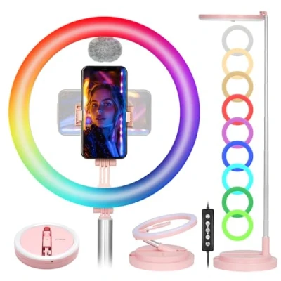 Immagine di TARION Anello luminoso RGB per selfie, 17 modalità di illuminazione, pieghevole, con supporto e telefono, portatile, 30 cm, livestream, luce circolare a LED, altezza regolabile 52 169