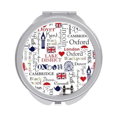 Immagine di Specchio compatto con motivo Londra, rotondo, tascabile, ingrandimento su entrambi i lati, pieghevole, portatile