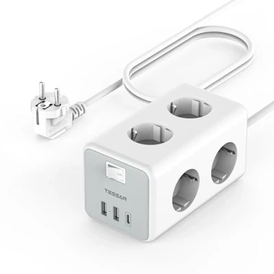 Immagine di TESSAN Ciabatta Multipresa con 1 USB C e 2 USBA, 3 Metri, 9 in Elettrica Interruttore, Schuko 6 Prese, da Scrivania per Casa Ufficio