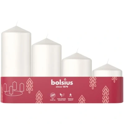 Immagine di Bolsius Set di 4 candele a pilastro lisce per il periodo dell&#039;Avvento, colore bianco, diverse dimensioni, decorative la casa, lunga durata, non profumate, con cera vegetale naturale, senza