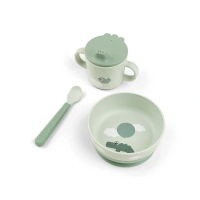 Immagine di Done by Deer Foodie Set primo pasto Happy clouds verde, materiale e design adatti ai bambini, ciotola con base a ventosa, tazza cucchiaio inclusi, facile da pulire, ideale per i primi pasti in