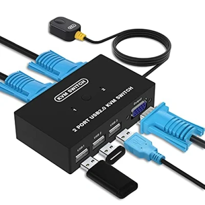 Immagine di VGA KVM Switch, USB e Commutatore con Cavi KVM, 2 computer condividono Monitor Tastiera Mouse