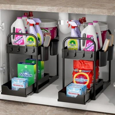 Immagine di Organizer Sottolavello Cucina 2 Livelli, Portaoggetti Ripiano Organizzatore per Lavello con Ganci e Tazza appesa, Cassetti Bagno, Nero Confezione da